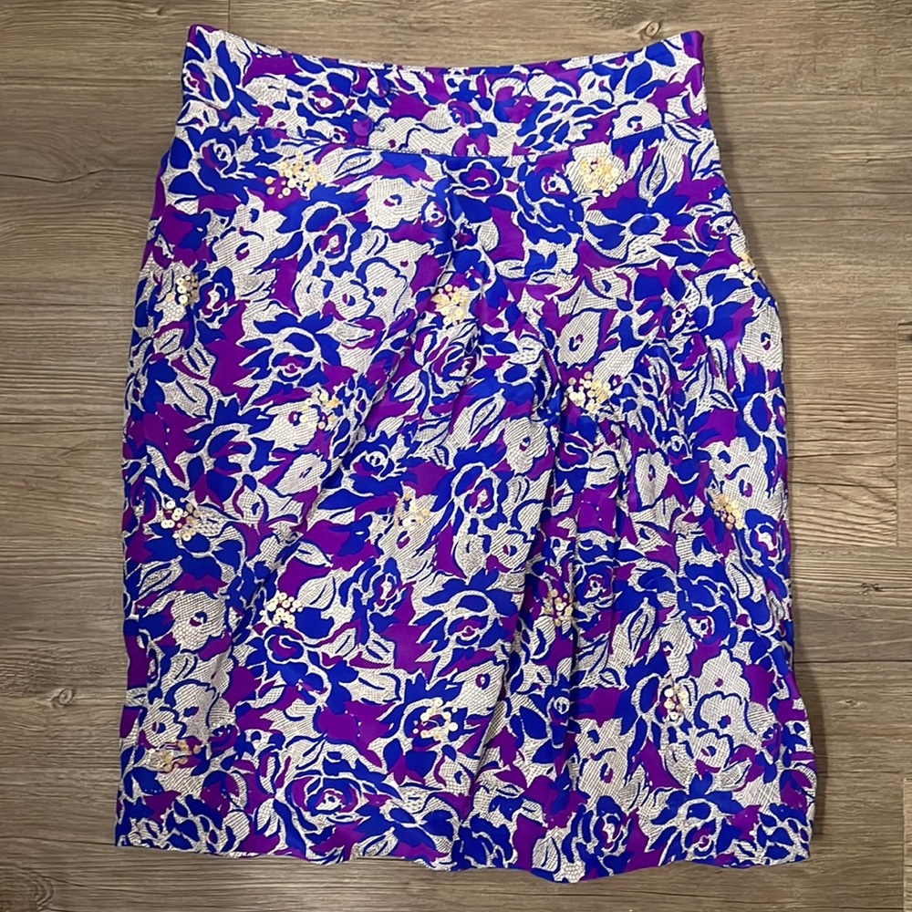 Anthropologie Fei 100% Silk Purple/Blue Floral Pencil Skirt Size 2